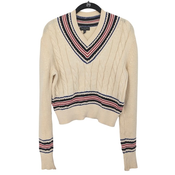 rag & bone Sweaters - rag & bone Cable Knit Sweater Women Medium Cream Varsity Stripe Cropped Preppy